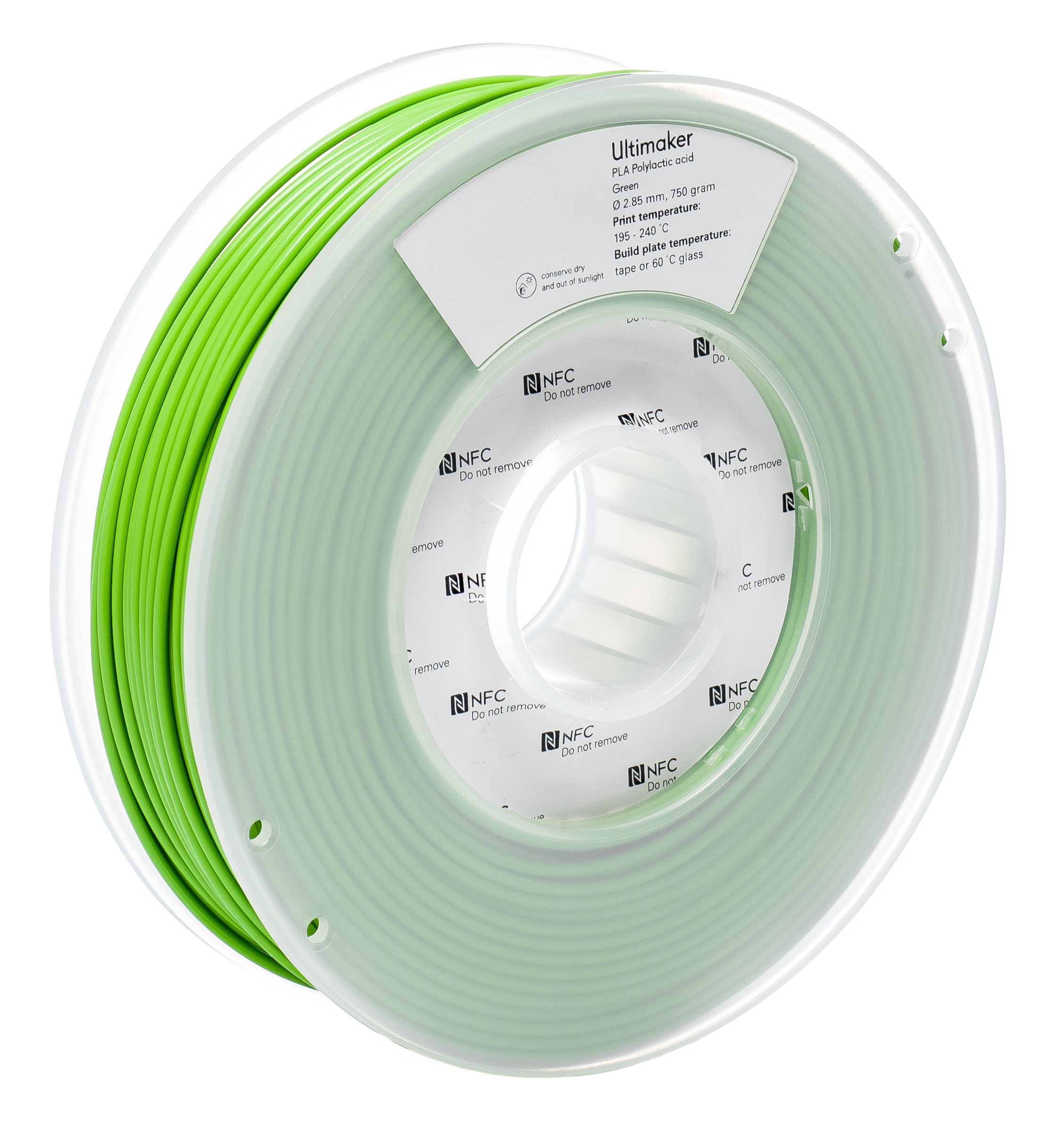 Spool of green filament with Ultimaker label on a white background