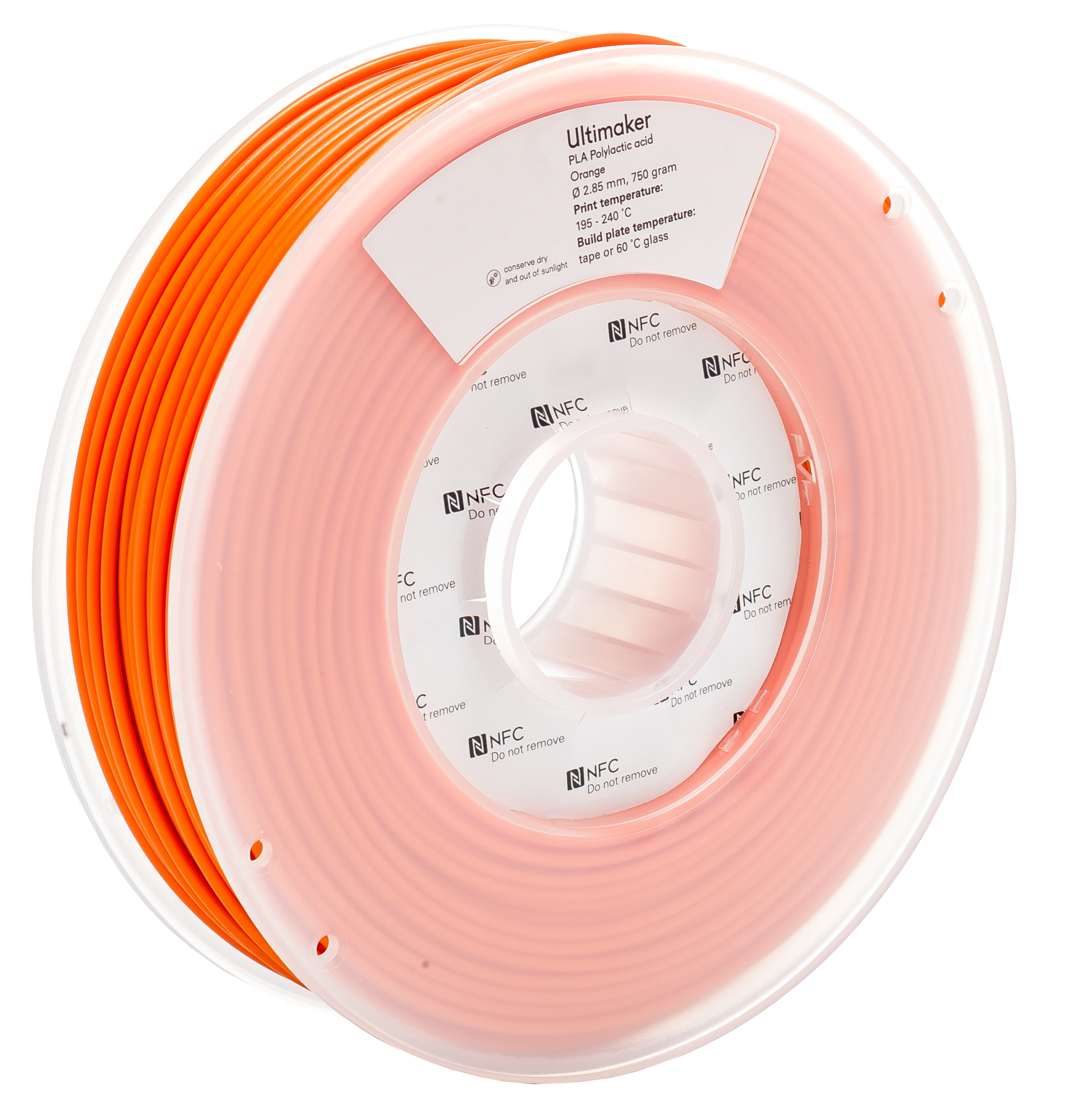 Spool of orange filament on a white background