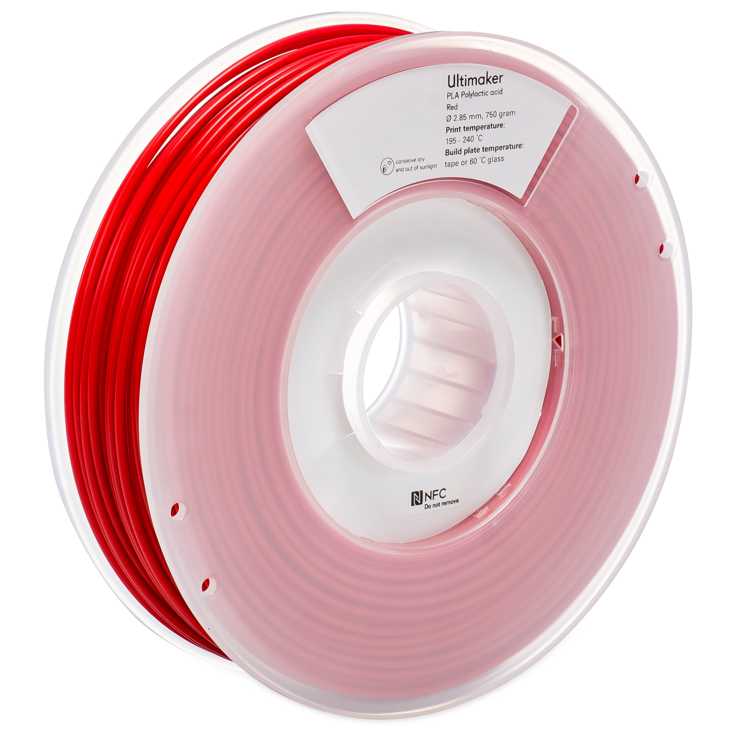 Spool of red filament with Ultimaker label on a white background