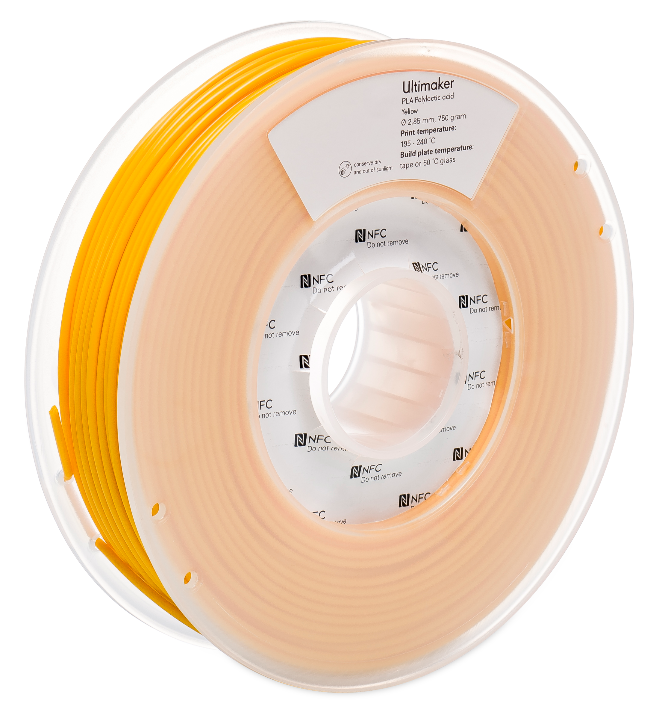 Spool of yellow 3D printing filament with a clear label on a white background