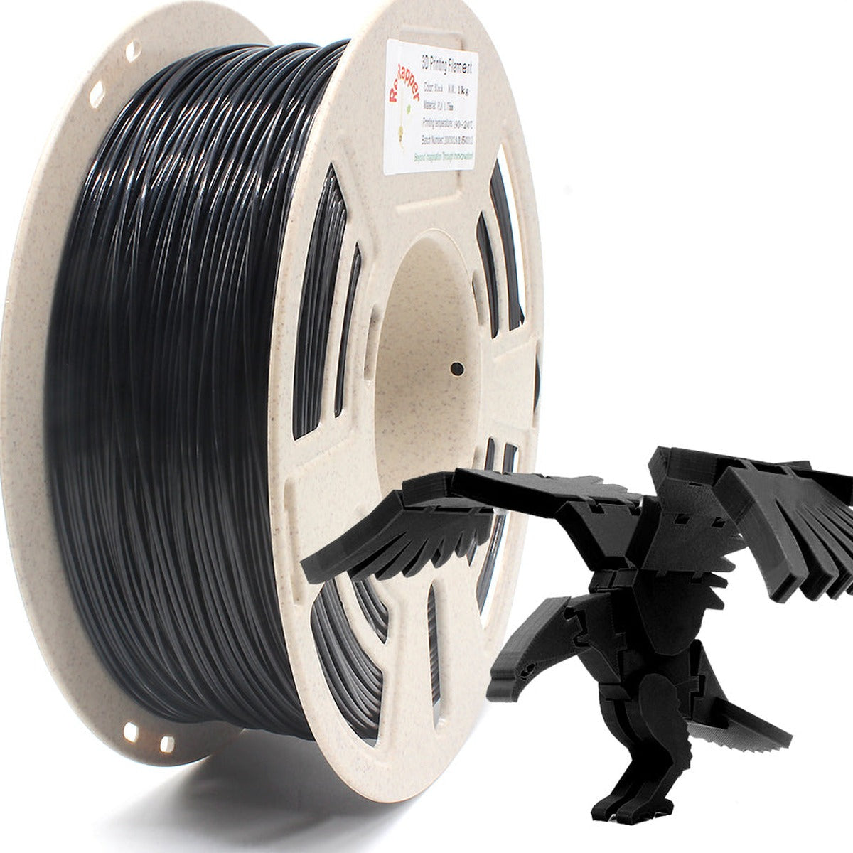 Spool of RepRapper Tech PLA black 1.75mm 1kg on speckled beige spool, neat glossy black windings and label visible, with a matching black 3D-printed eagle sample in the foreground on white studio background