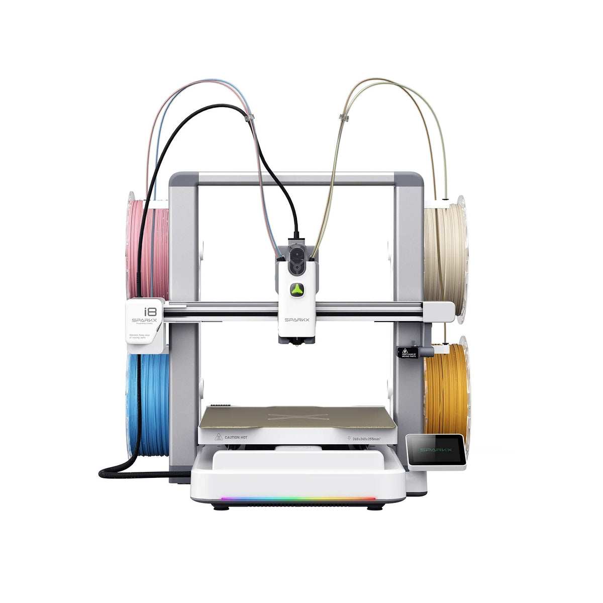 Creality SPARKX i8 four color 3D printer, front view with four filament spools