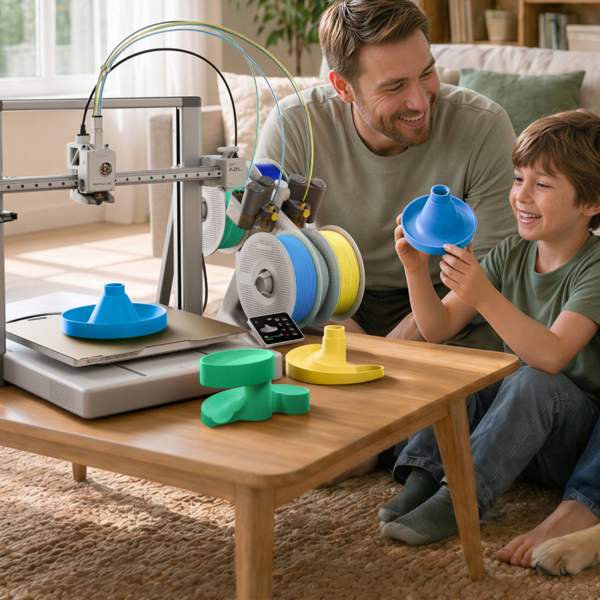 Bambu PETG Basic spools on AMS Lite with matching green/blue/yellow printed parts beside an A1 mini