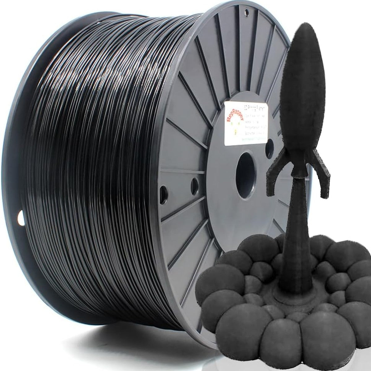 RepRapper Tech PLA Plus black spool with printed rocket