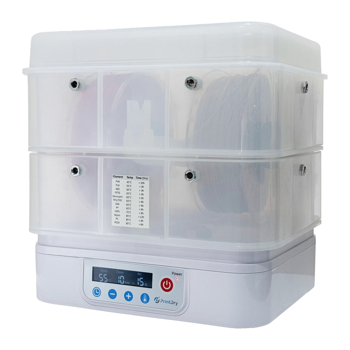 PrintDry Filament Dryer PRO4 with two clear drying chambers and control panel