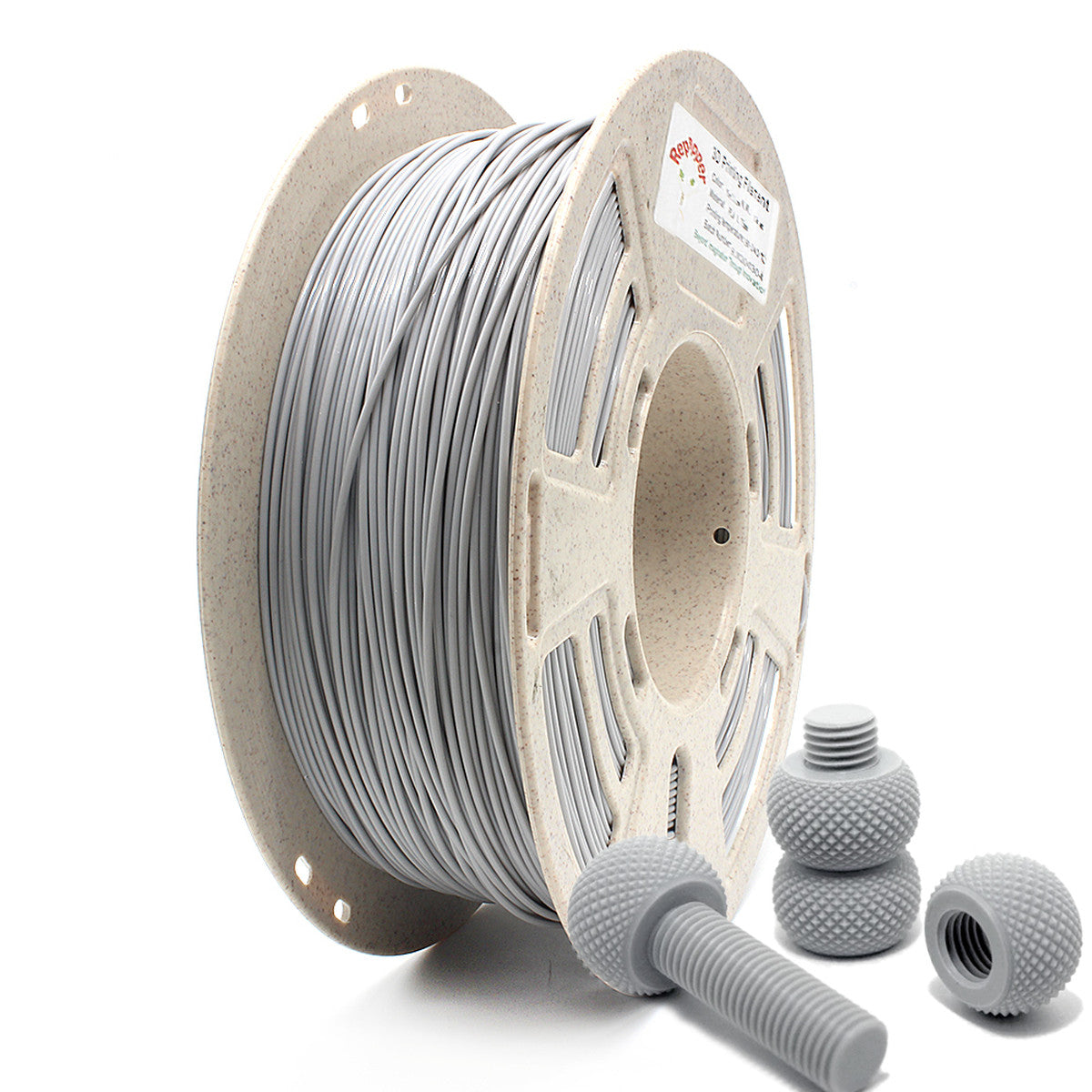 RepRapper Tech ABS Grey 1.75mm 1kg filament spool with matching 3D-printed part