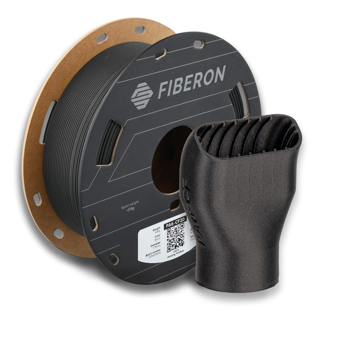 Polymaker Fiberon PA6-CF20 Black 0.5 kg spool with a printed carbon fibre nylon part
