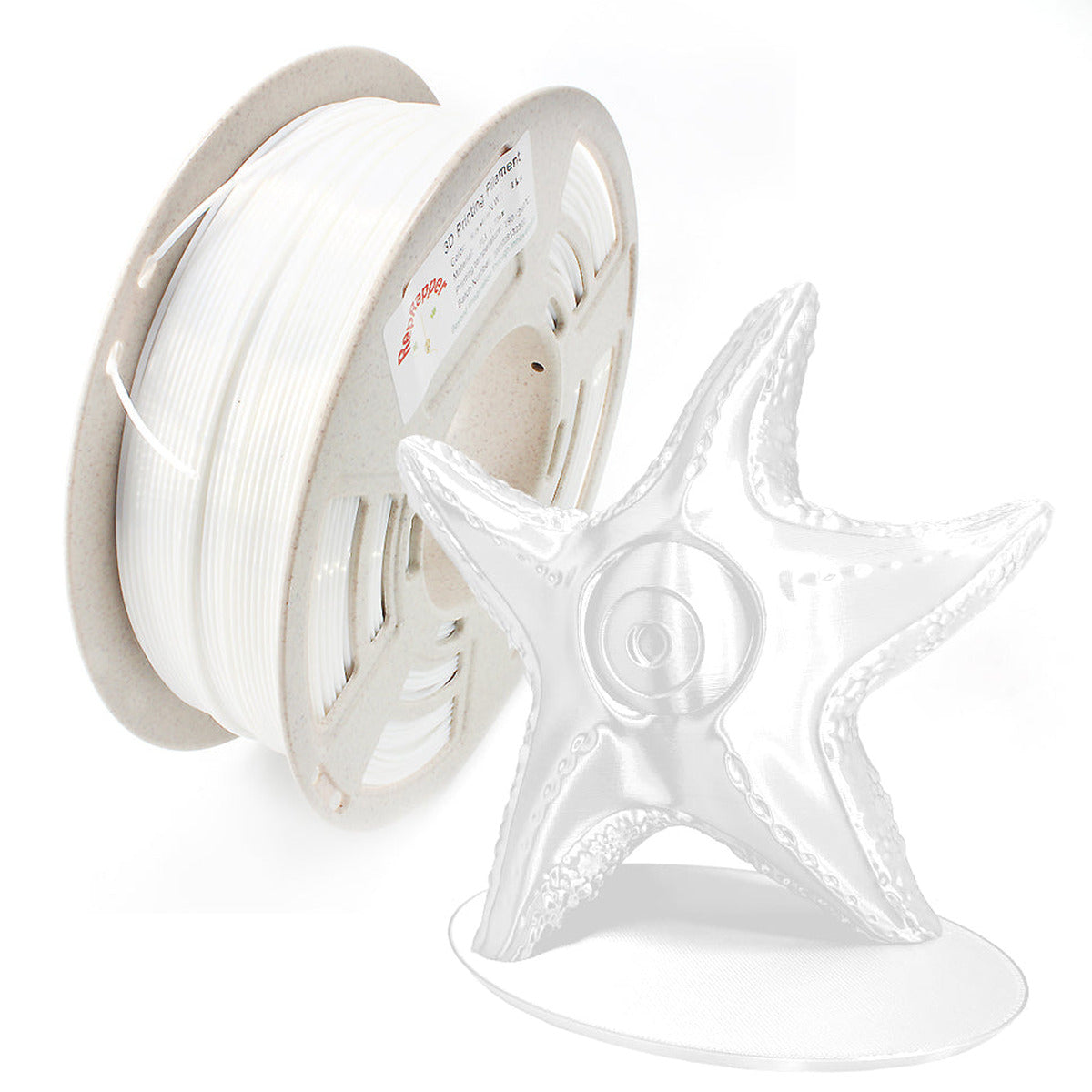 RepRapper Tech Silk White PLA 1kg spool with glossy white starfish print sample showing shiny silk finish