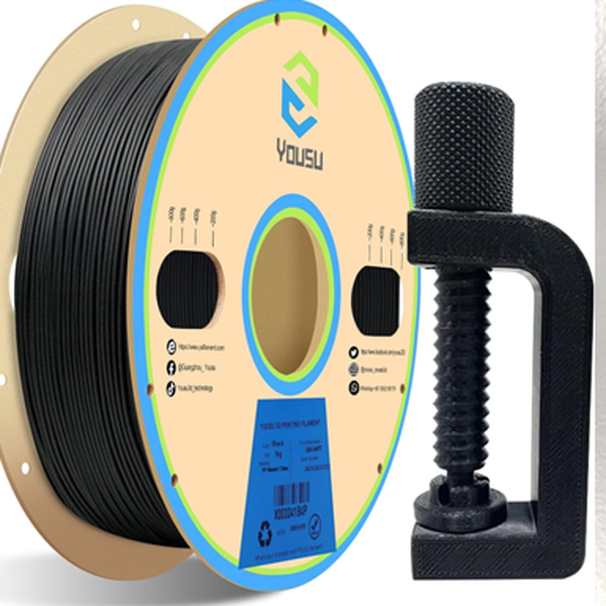 YouSu PETG Carbon Fiber black 1 kg spool with printed clamp