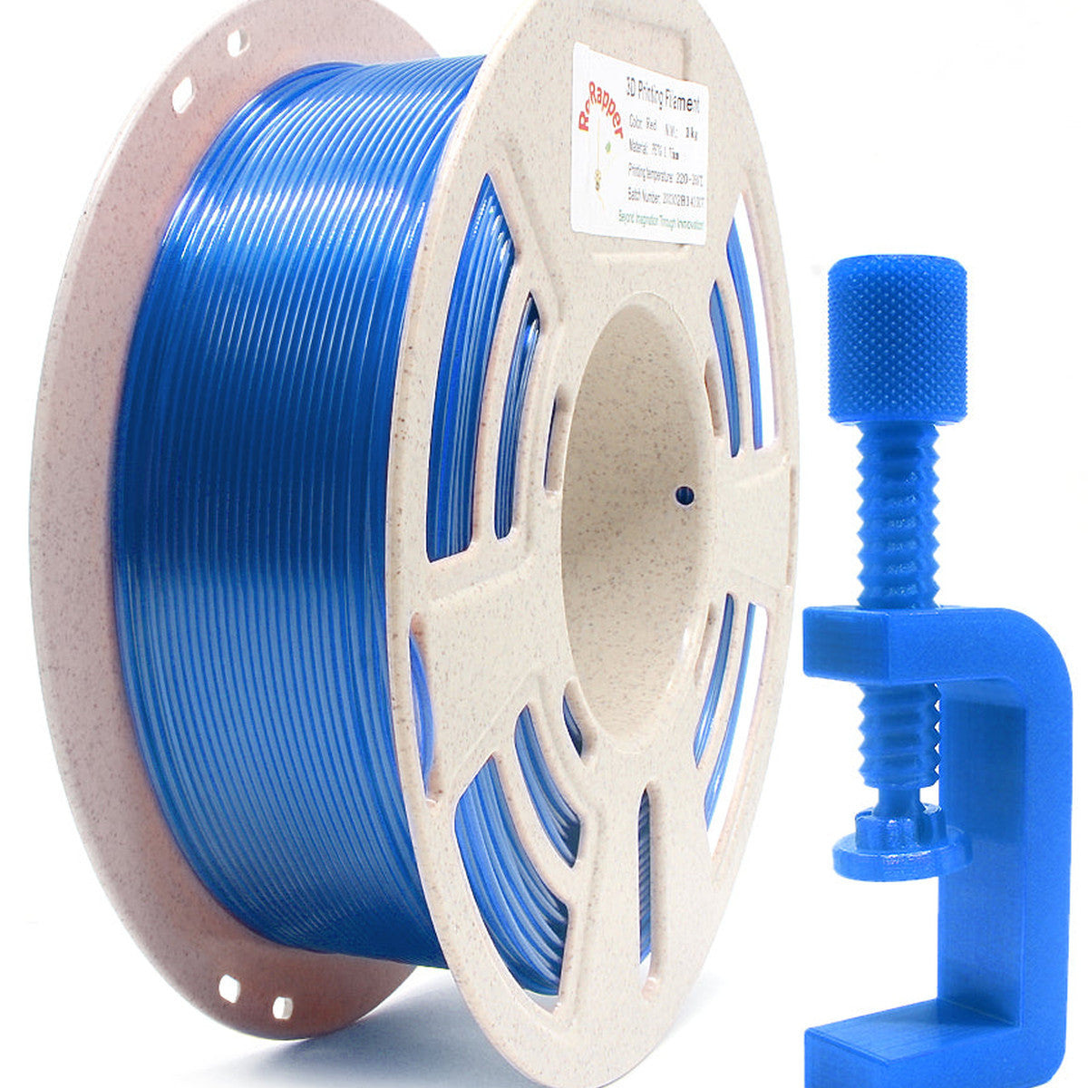 RepRapper Translucent Blue PETG 1.75mm 1kg filament spool with matching 3D-printed C-clamp