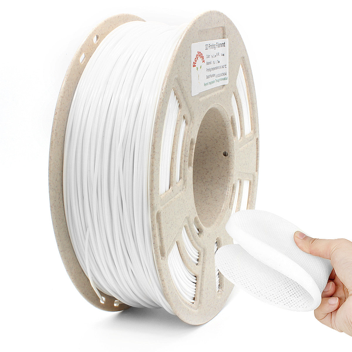 RepRapper Tech TPU 95A White filament spool with flexible printed sample being bent