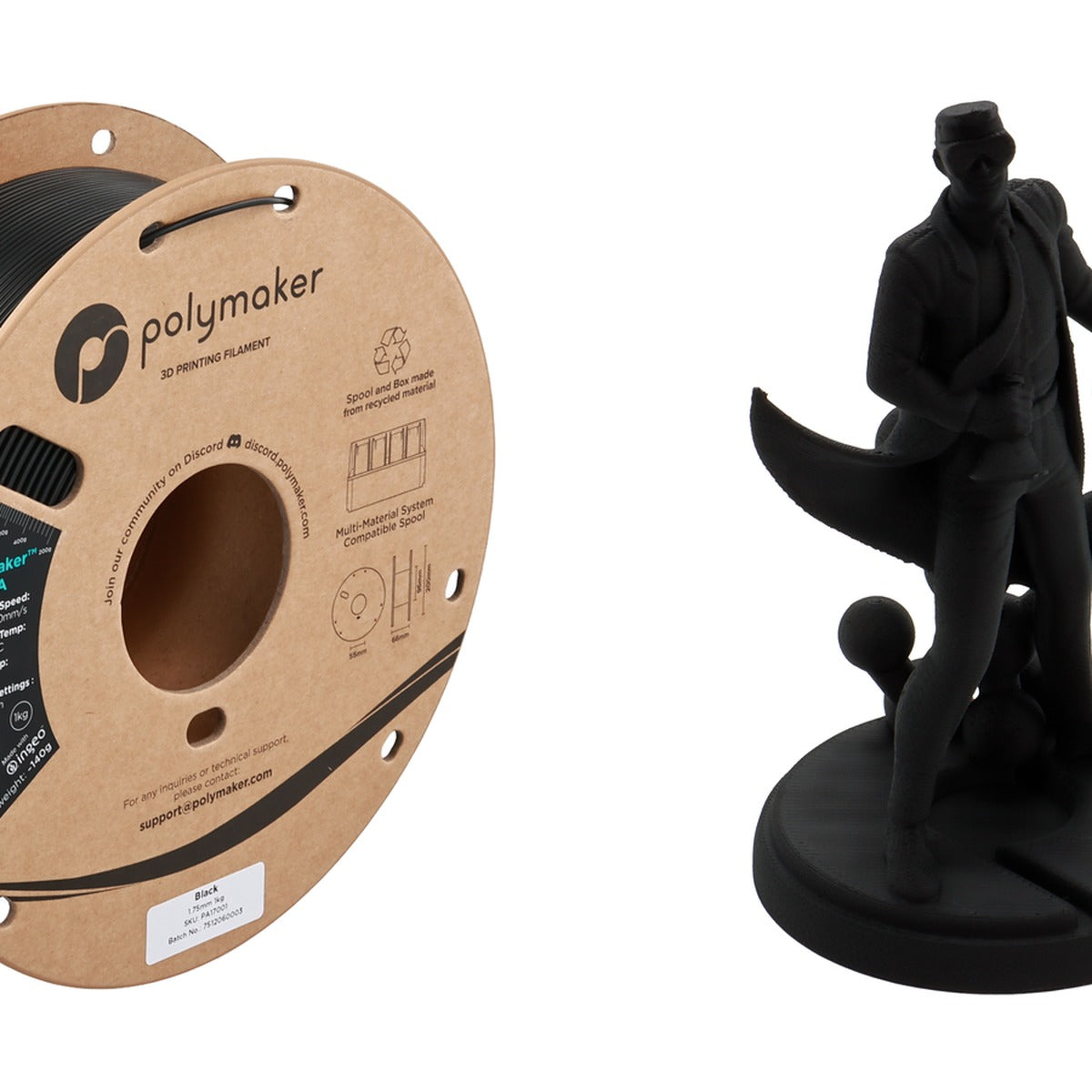 Polymaker HT-PLA black cardboard spool with matching black printed figurine (spool + print)