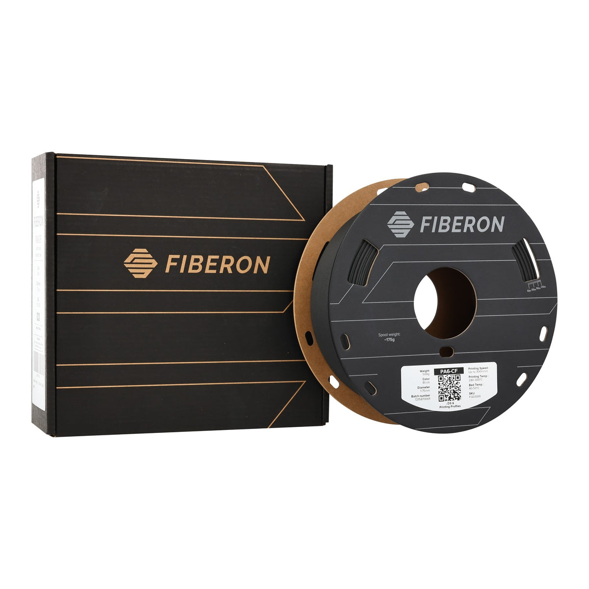 Fiberon PA6-CF20 Black 0.5 kg spool beside its Fiberon retail box