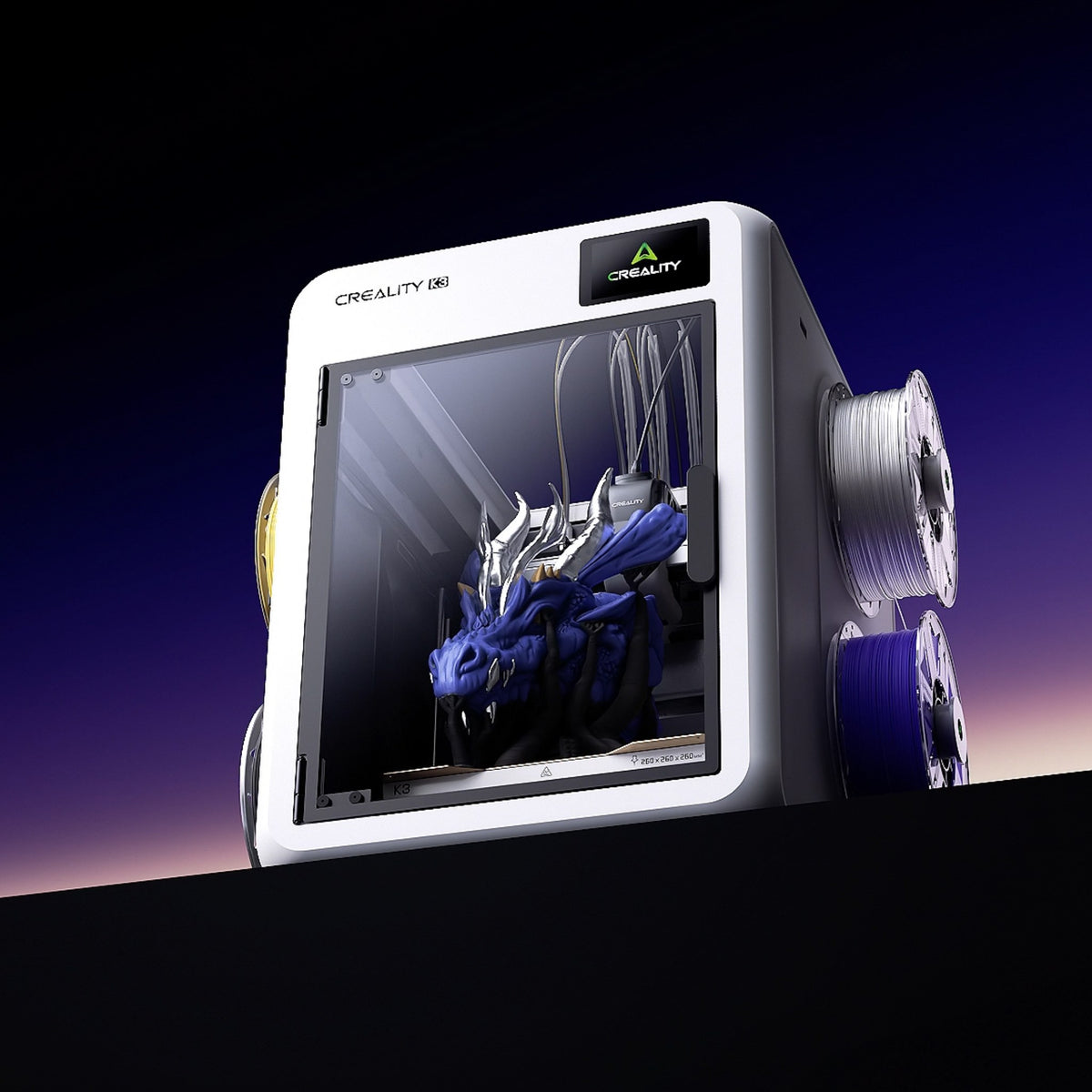 Creality K3 multicolor 3D printer on a dark background with a finished print inside
