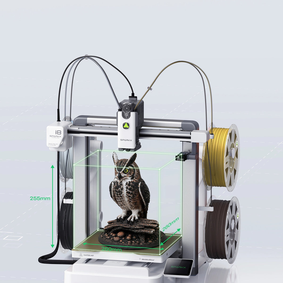 Creality SPARKX i8 printing a multicolor owl on its 260 x 260 x 255 mm build plate