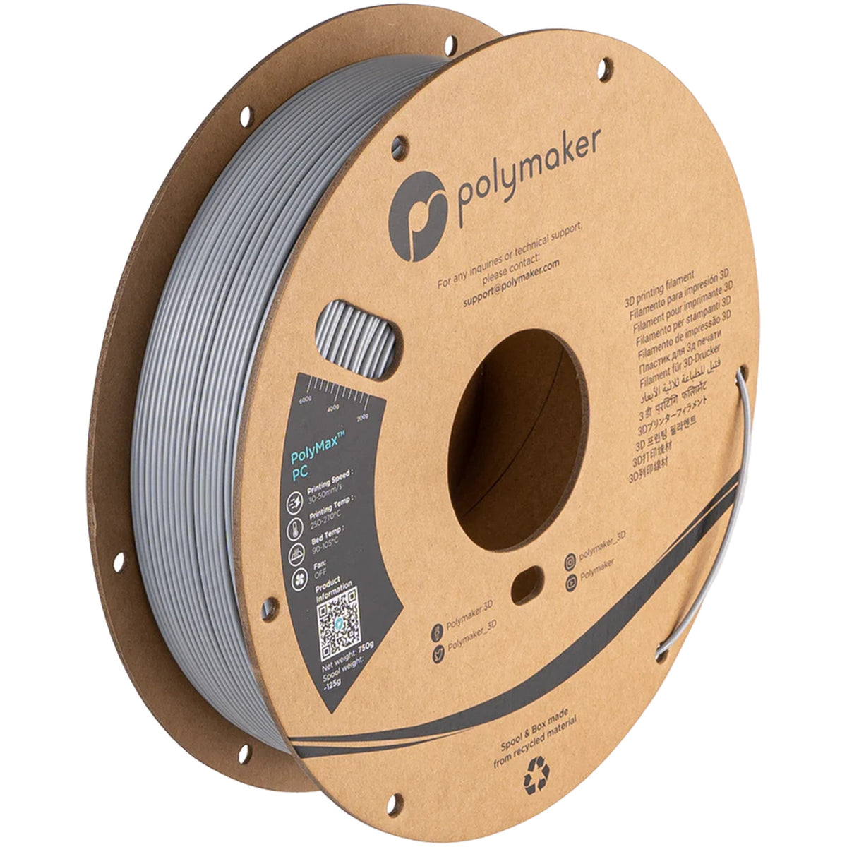 PolyMax PC Grey 0.75 kg filament spool by Polymaker