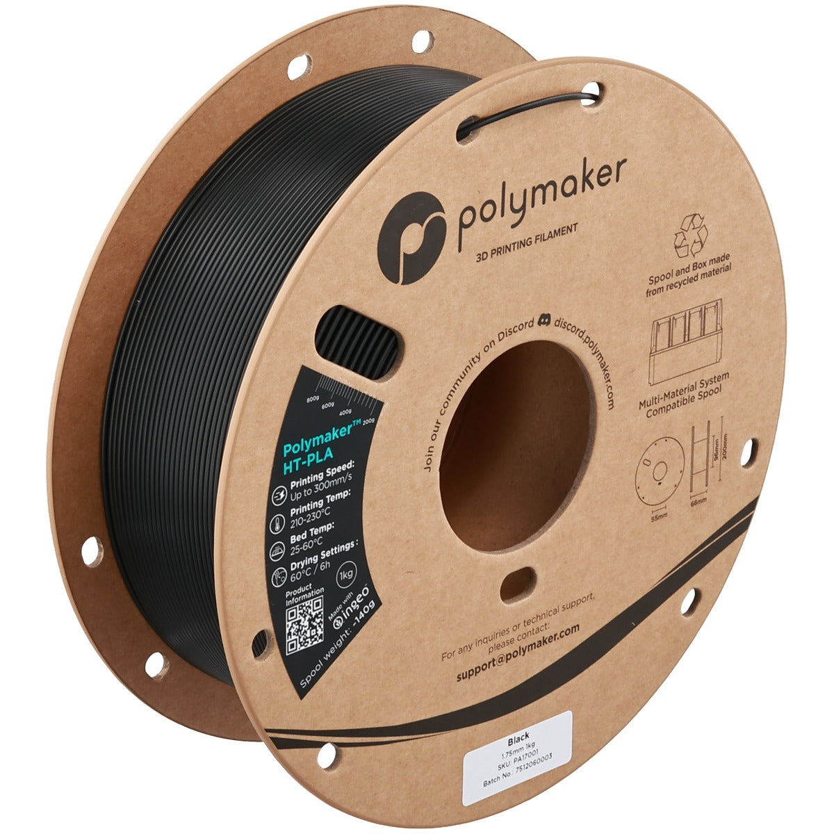 Polymaker HT-PLA black 1kg cardboard spool isometric pack shot