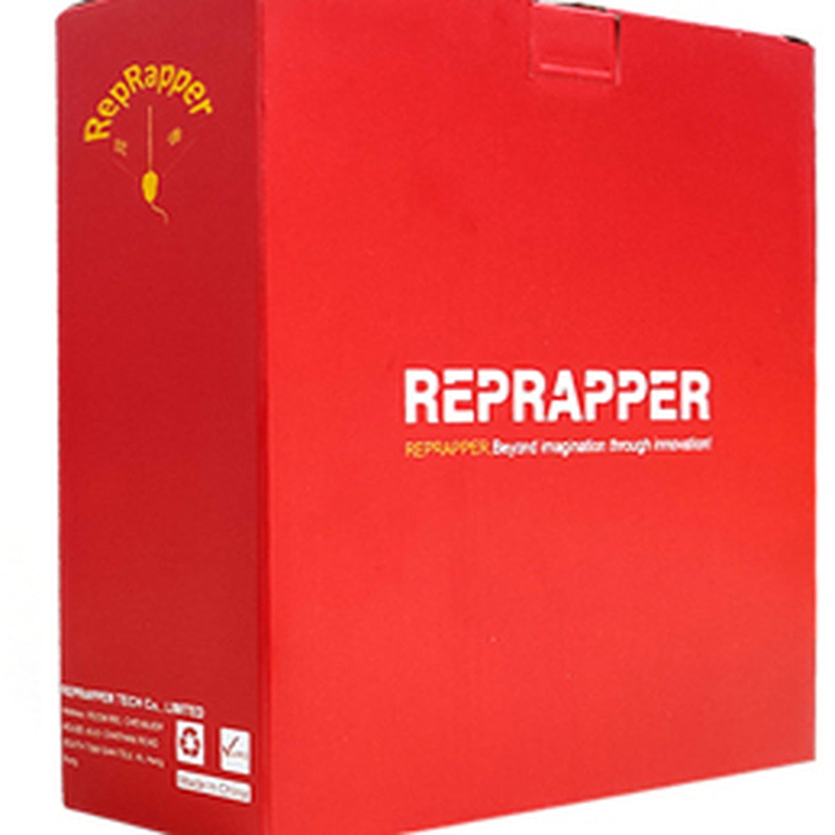RepRapper Tech red retail box for FDM 3D printing filament, white REPRAPPER branding