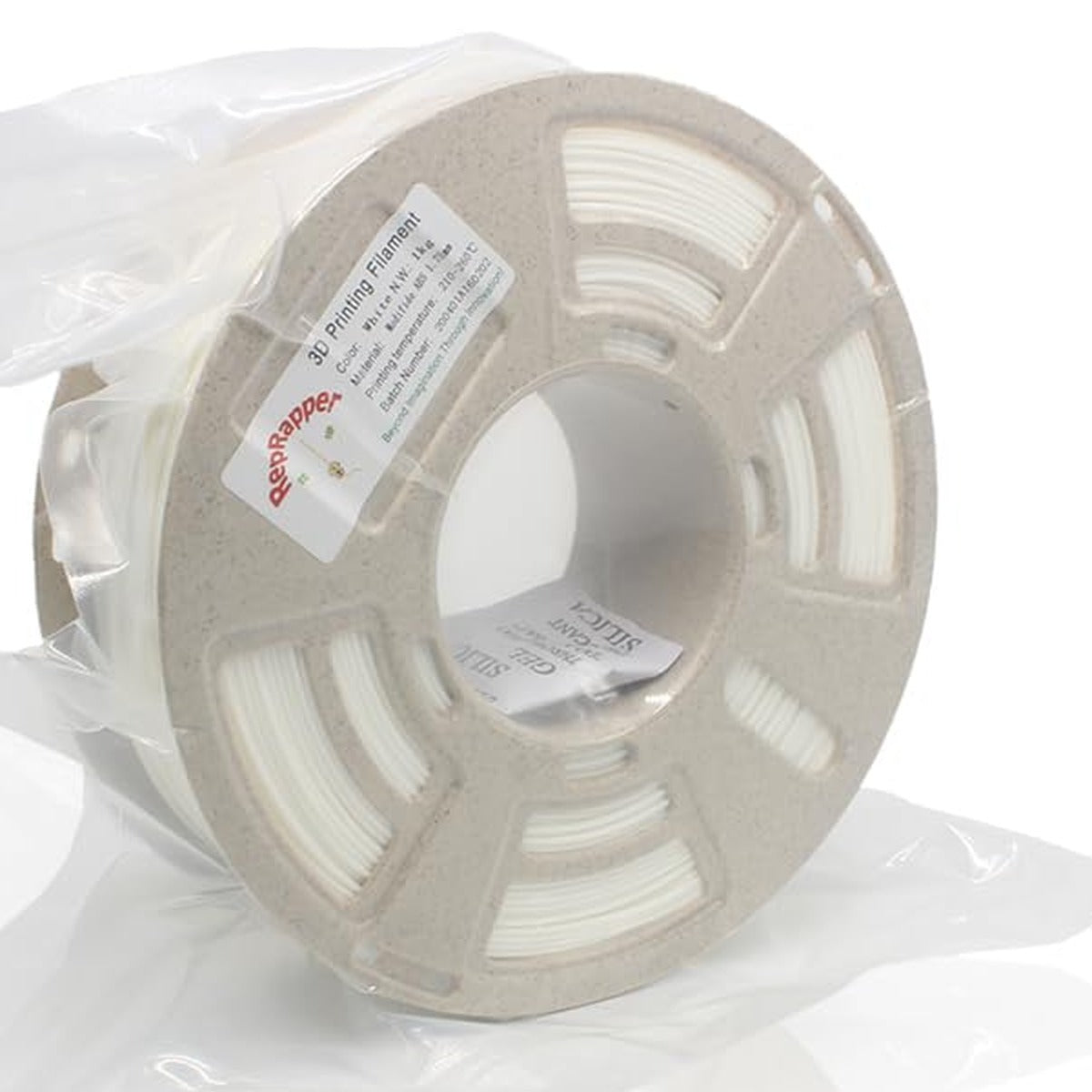 RepRapper Tech PLA white 1kg spool vacuum-sealed in clear resealable bag with silica gel desiccant in hub, speckled spool and RepRapper label visible through packaging