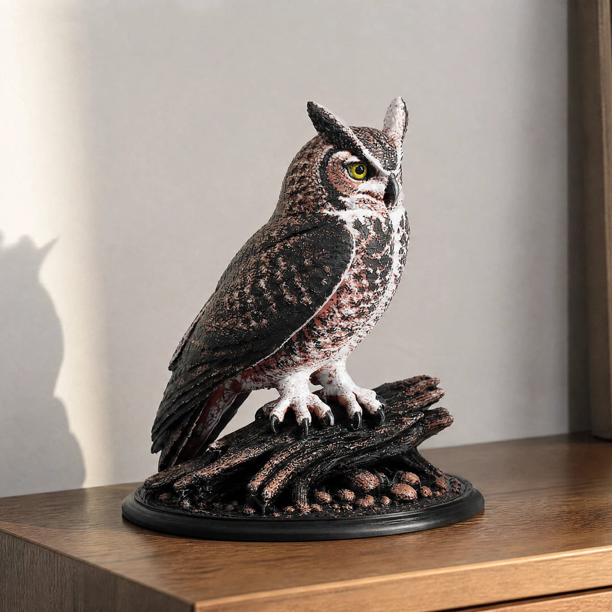 Finished multicolor owl model printed on the SPARKX i8, sitting on a shelf