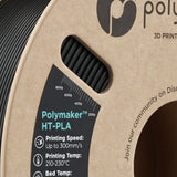 Close-up Polymaker HT-PLA black cardboard spool windings and label