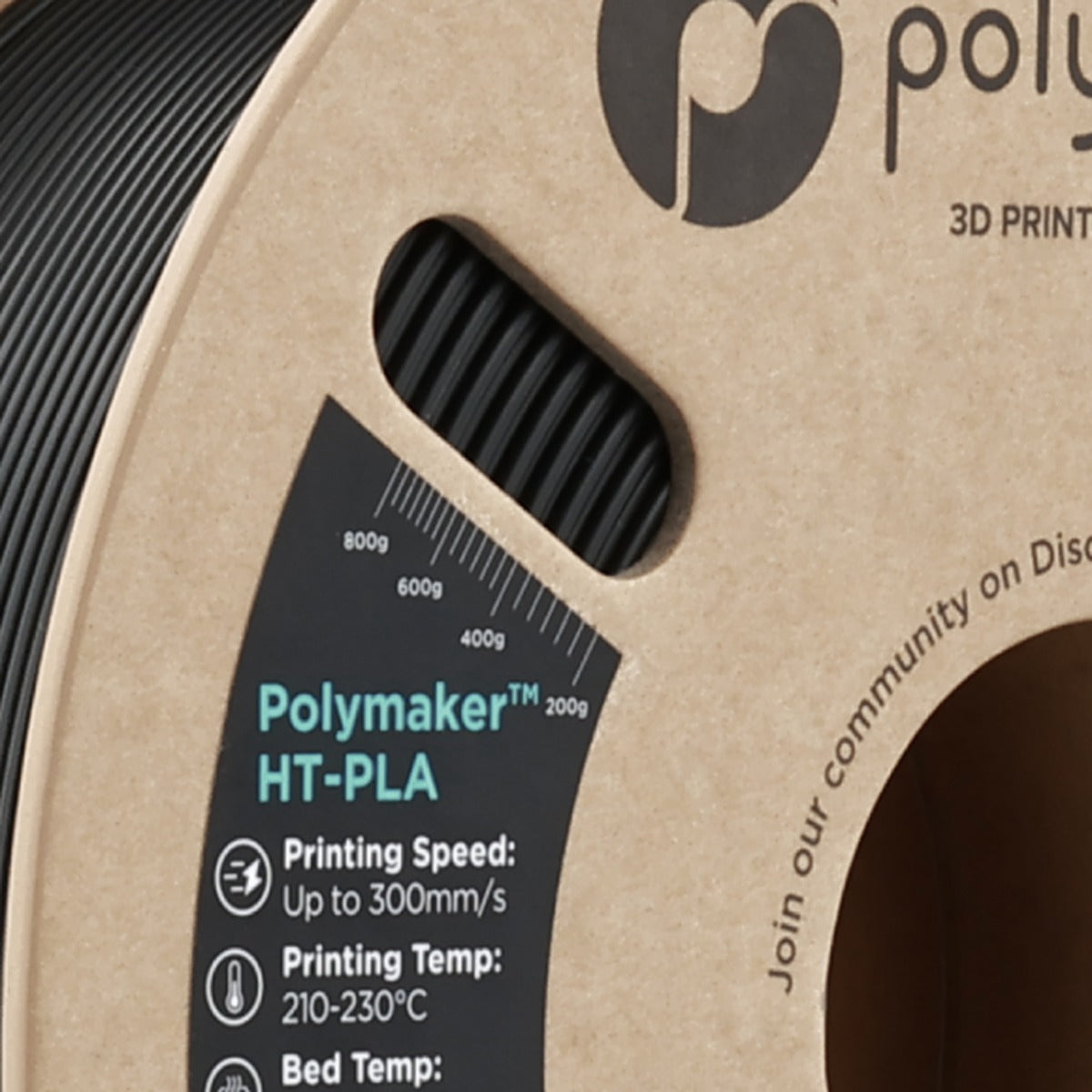 Close-up Polymaker HT-PLA black cardboard spool windings and label