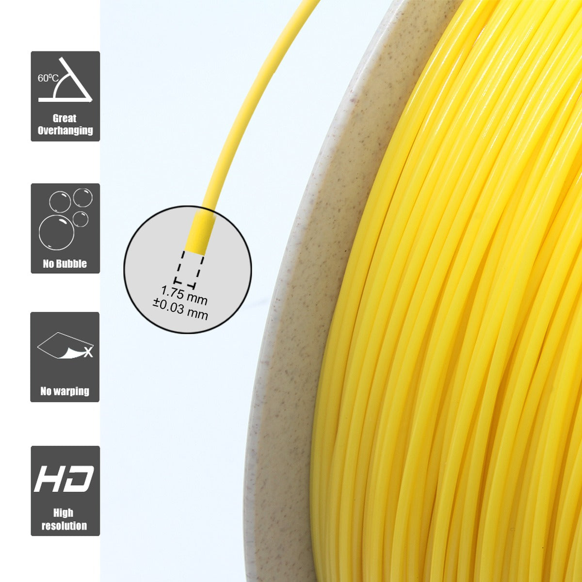 Close-up of bright yellow RepRapper Tech PLA filament windings on speckled spool with 1.75mm ±0.03mm diameter callout and feature icons for overhang, no bubble, no warping, high resolution