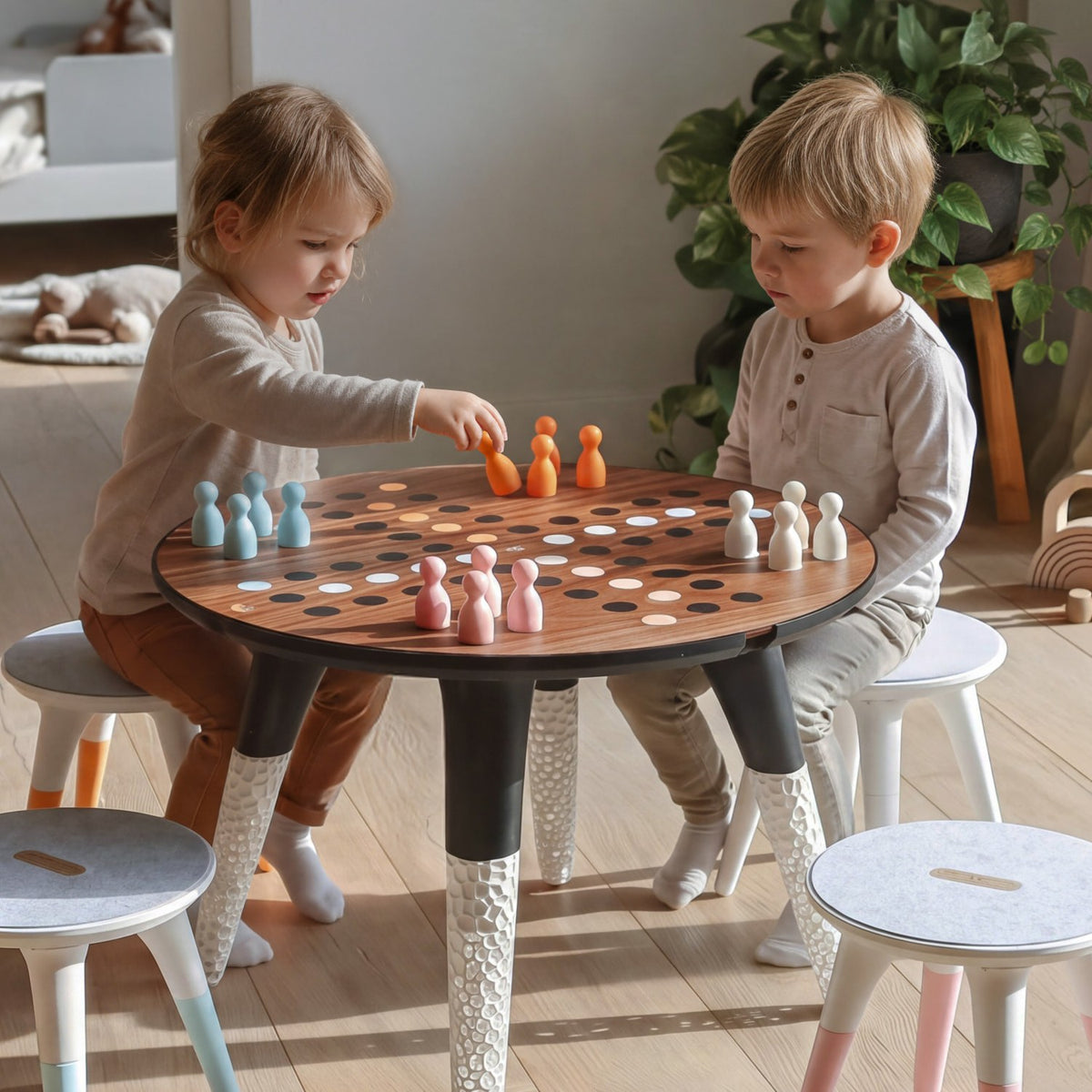 Kids play table and stools with laser cut and engraved tops made on the Bambu Lab R1