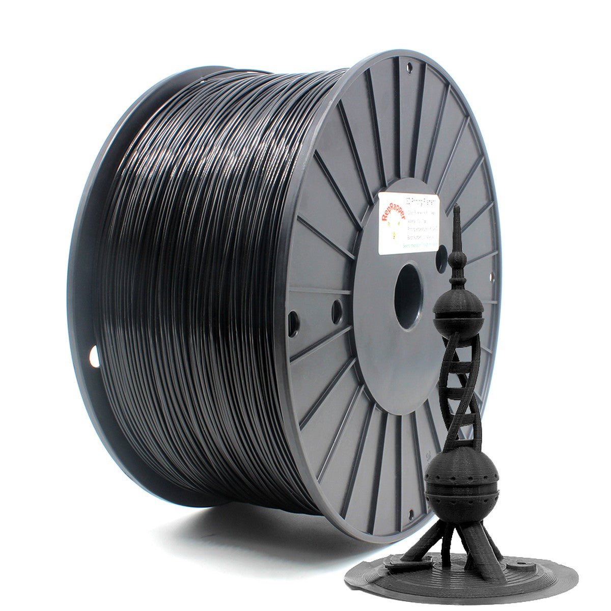 RepRapper Tech PLA Plus black spool with printed tower