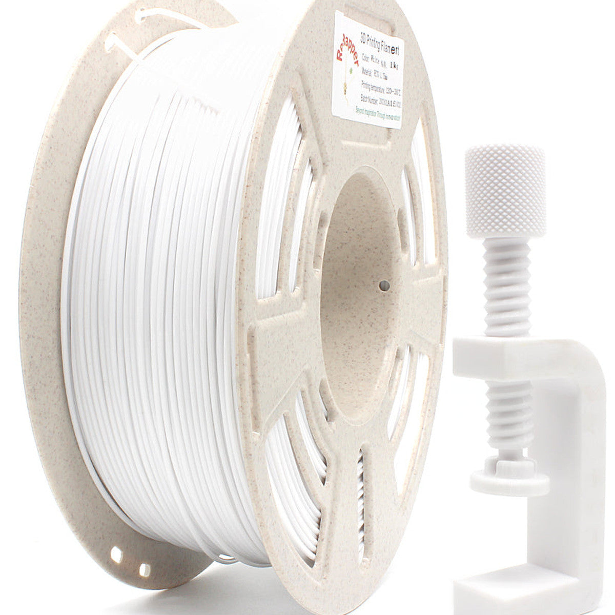 RepRapper White PETG 1.75mm 1kg filament spool with matching 3D-printed C-clamp