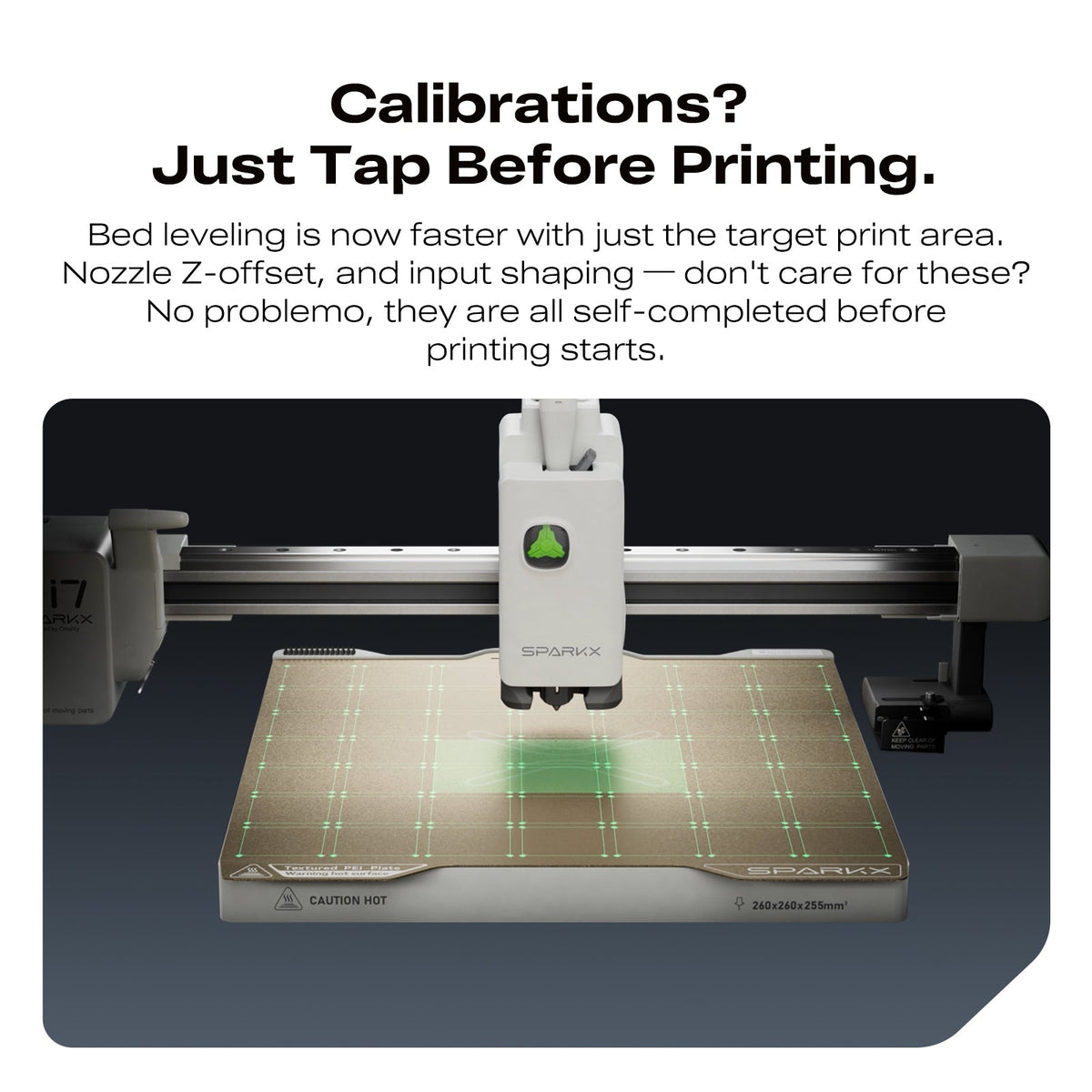 SparkX i7 nozzle over the build plate doing auto bed leveling