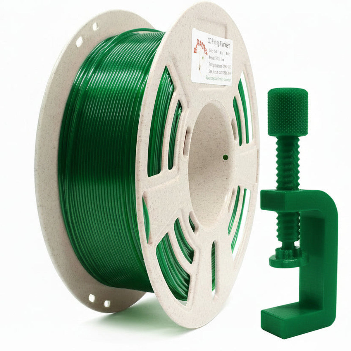 RepRapper Solid Green / Translucent Green PETG 1.75mm 1kg filament spool with matching 3D-printed C-clamp