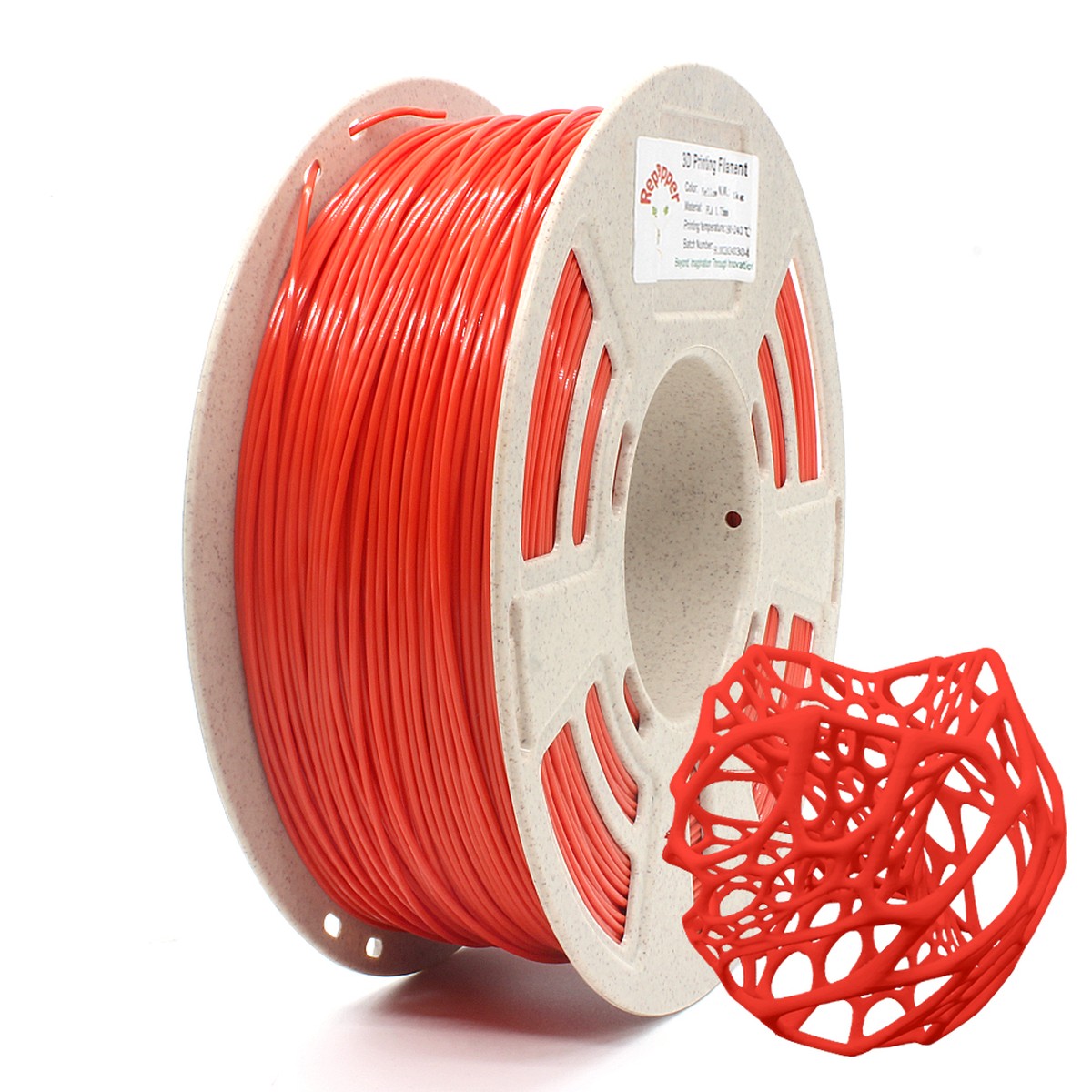 RepRapper Tech PLA Plus red labeled spool with lattice print
