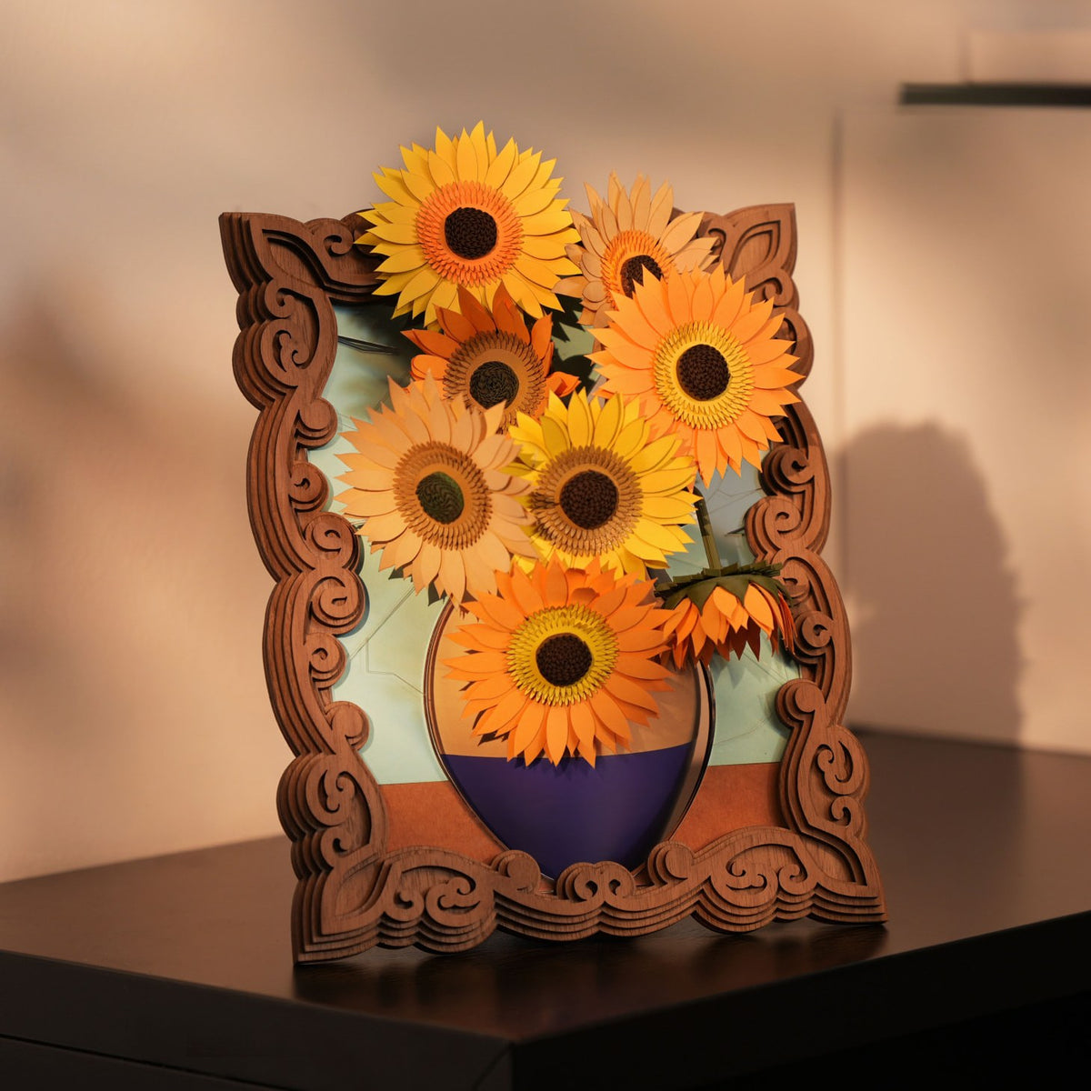 Layered sunflower wall art cut from wood and cardstock on the Bambu Lab R1
