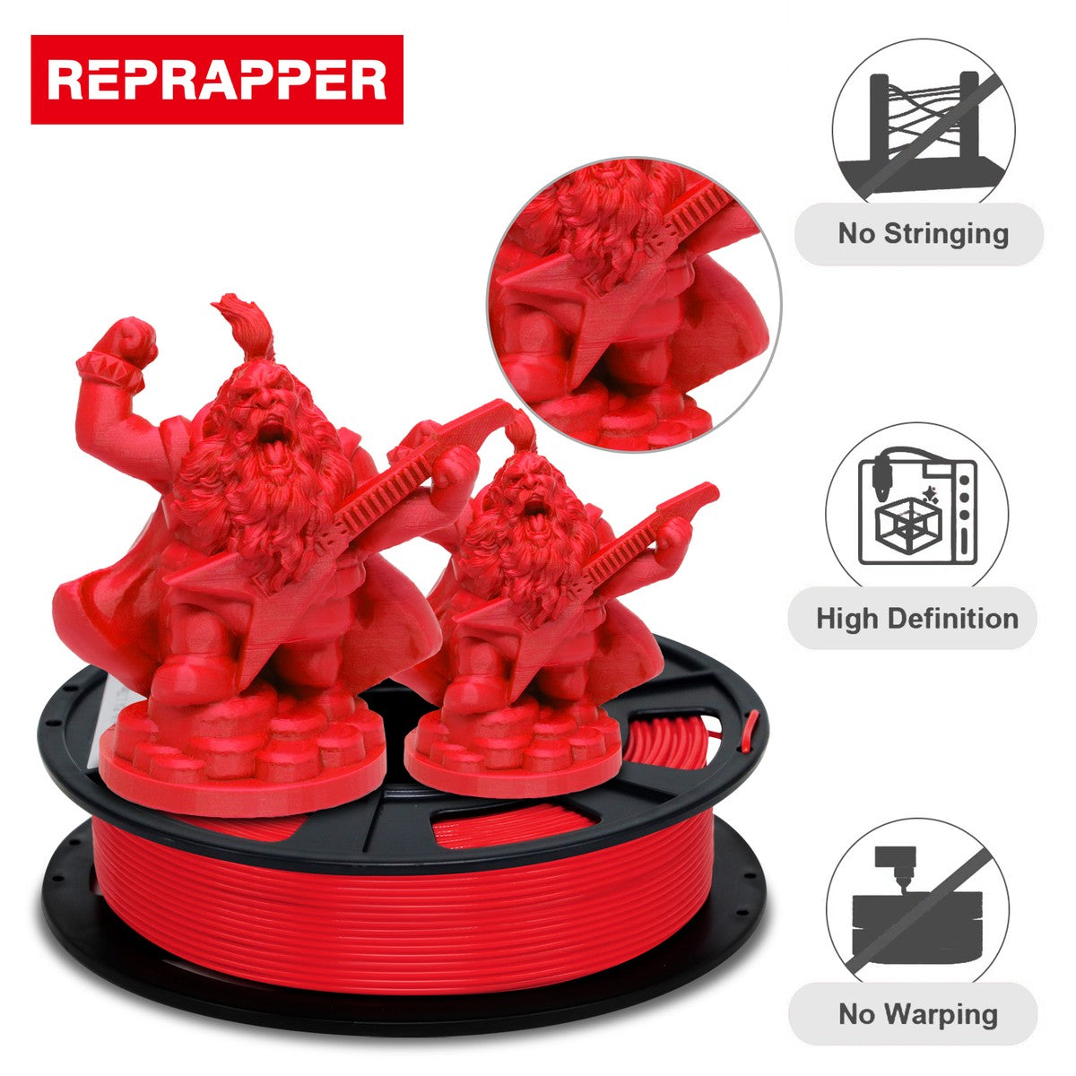 RepRapper Tech PLA Plus red spool with printed figures