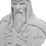 Close-up of a high-detail 3D-printed fantasy king bust in light grey/off-white PLA showing matte finish, woven armor textures, and clear FDM layer lines