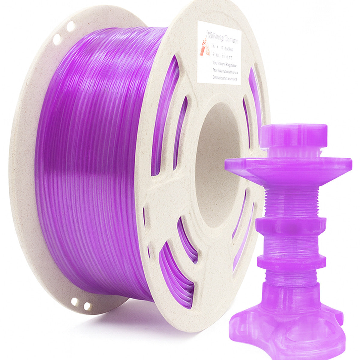 RepRapper Translucent Purple PETG 1.75mm 1kg filament spool with matching 3D-printed nut and bolt assembly