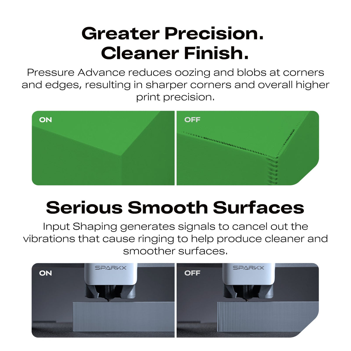 Side by side test prints showing smoother corners and surfaces on the SparkX i7