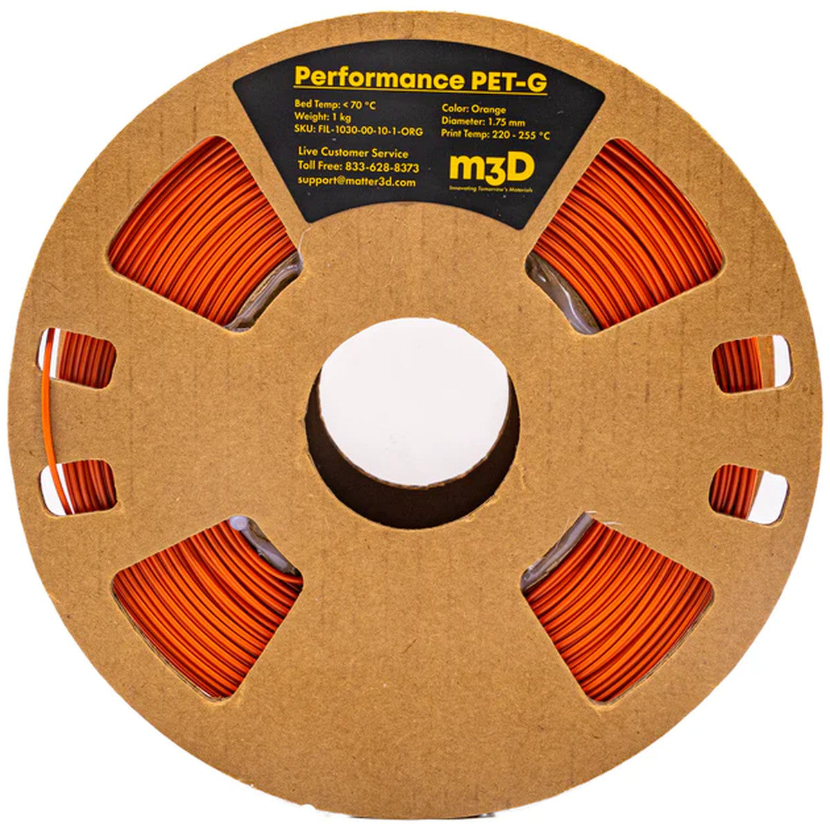 Matter3D Performance PET-G Orange labelled cardboard spool top view