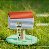 Treehouse print on grass with official Red Granite and White Marble colour callouts