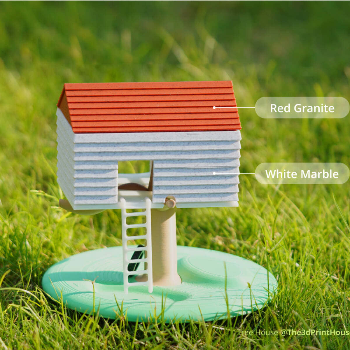 Treehouse print on grass with official Red Granite and White Marble colour callouts