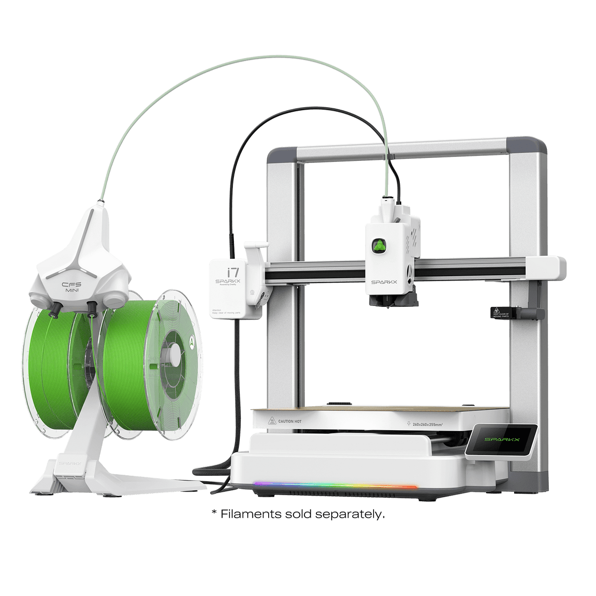 Creality SparkX i7 Autofill Combo with two green filament spools on a black background