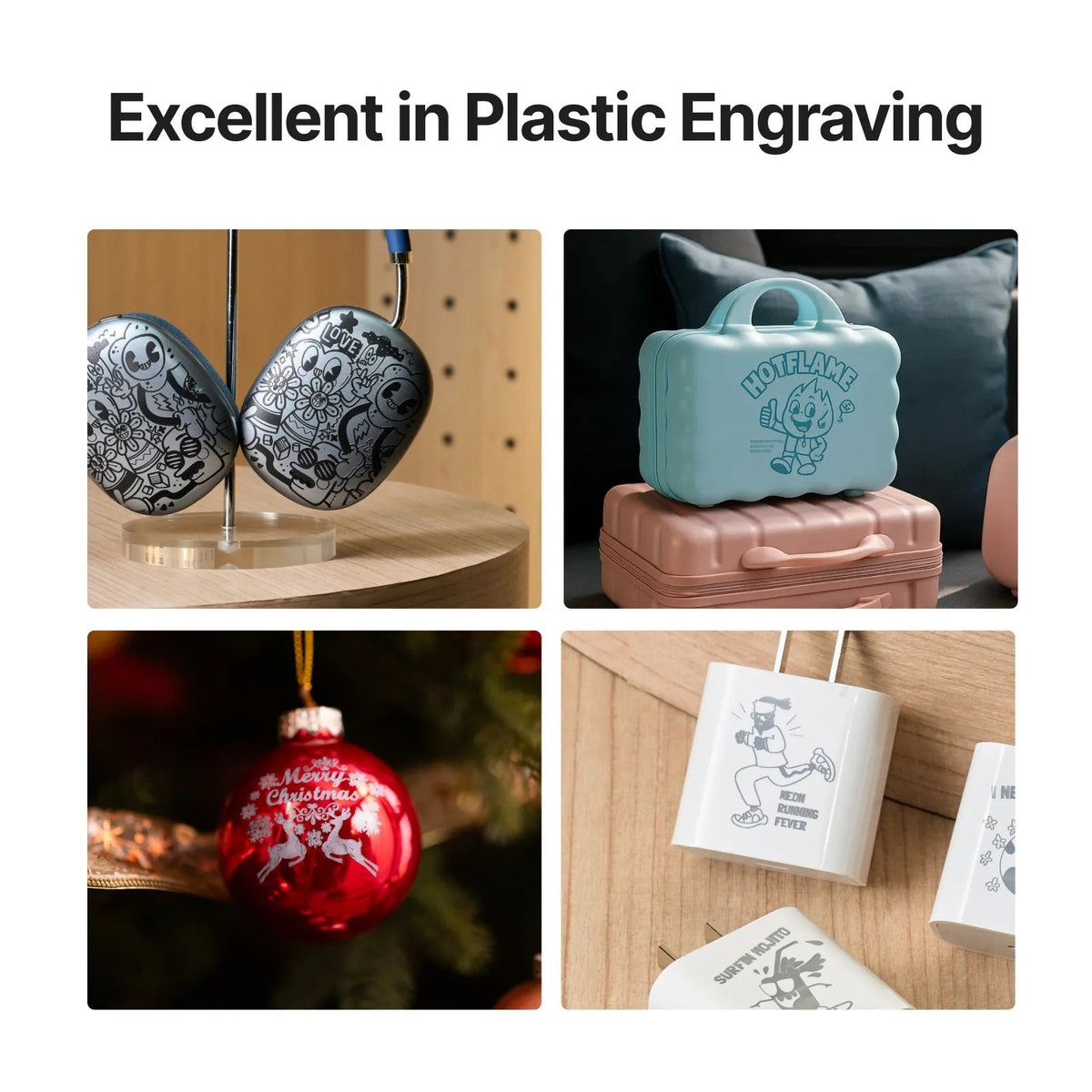 Plastic items engraved with the xTool 5W IR module for P3
