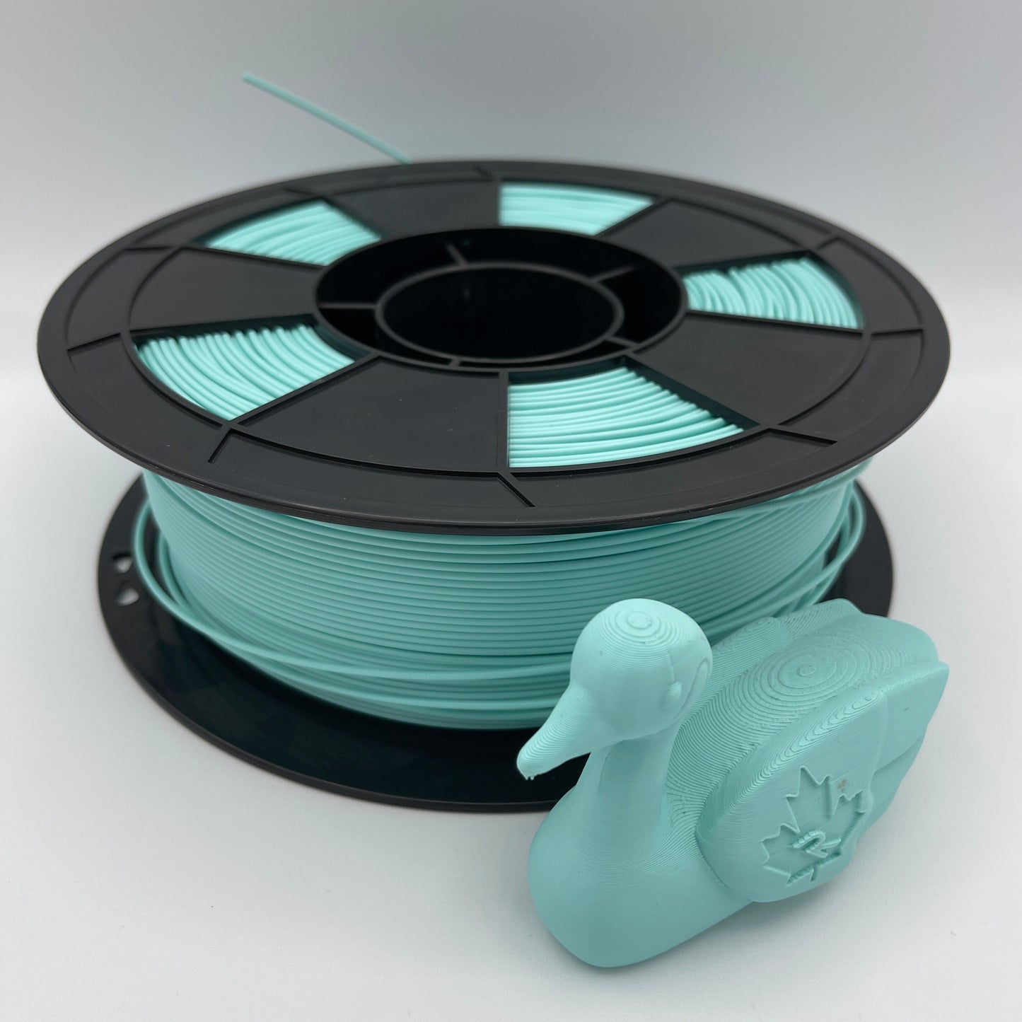 A spool of mint green 3D printer filament with a small mint green duck-shaped object placed in front, photographed on a clean light gray studio background.