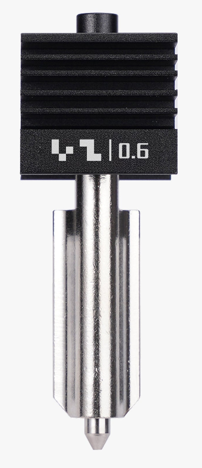 An image of the Bambu Hotend - H2D, featuring a metallic nozzle and support structure, primarily in silver and black colors.