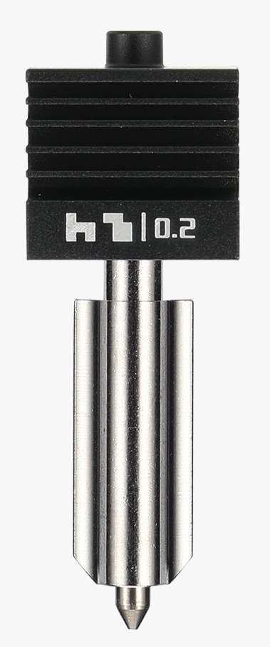 An image of the Bambu Hotend - H2D, featuring a metallic nozzle and support structure, primarily in silver and black colors.