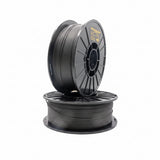 Two spools of black filament on a white background
