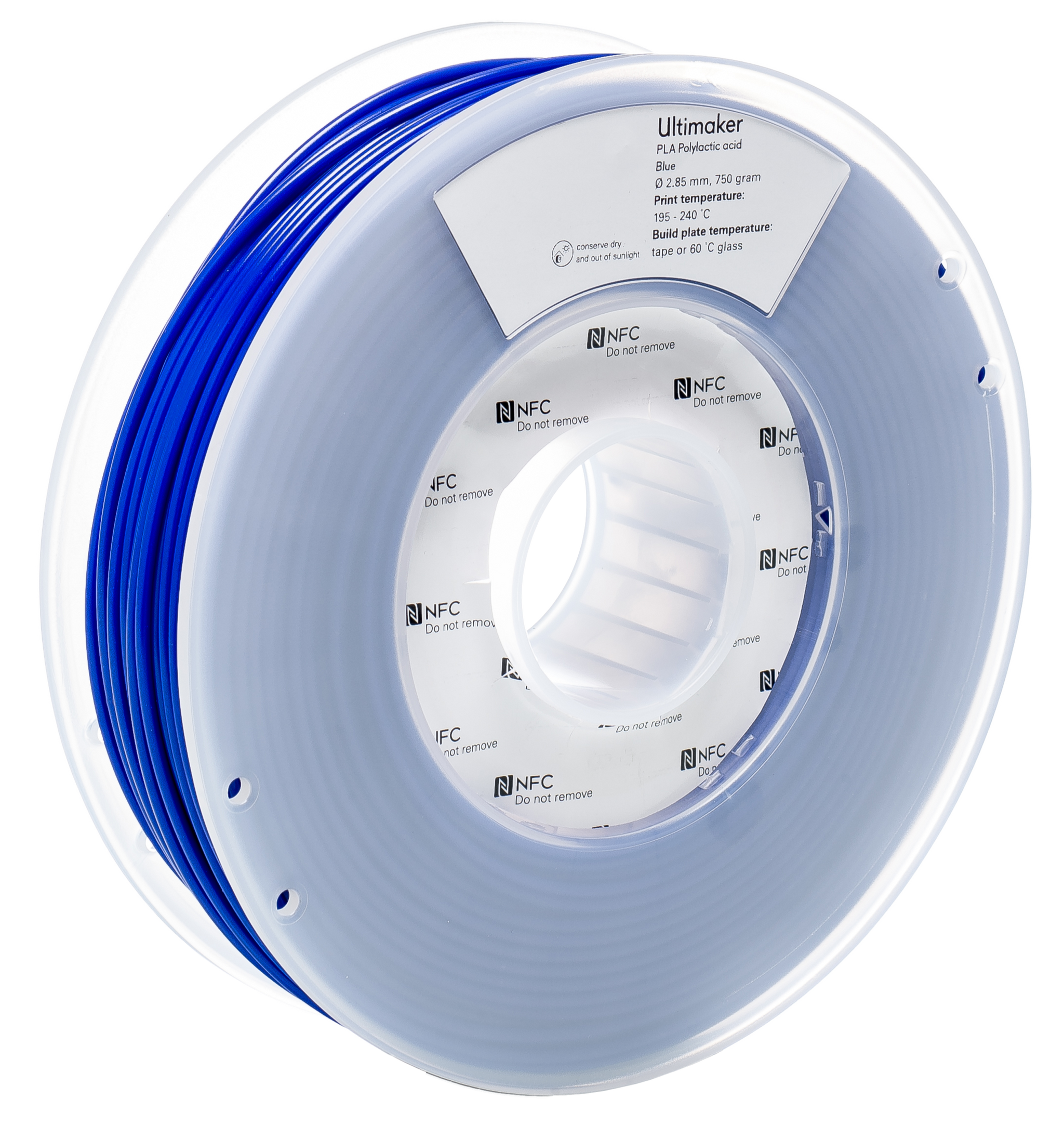 Spool of Ultimaker filament with blue core on a white background