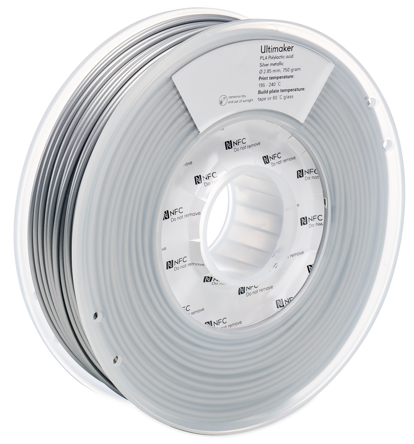Spool of Silver Ultimaker filament on a white background