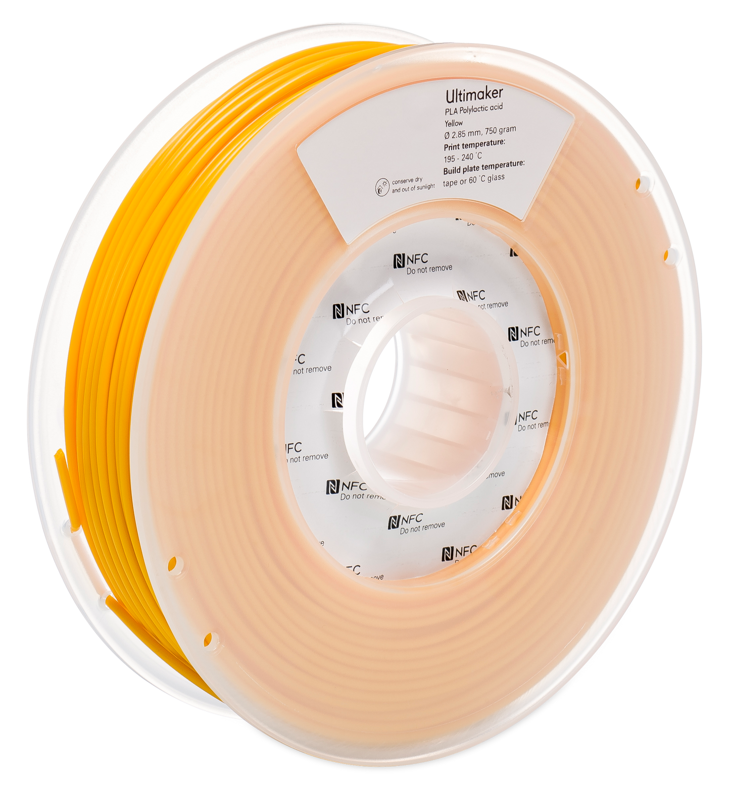 Spool of yellow 3D printing filament with a clear label on a white background